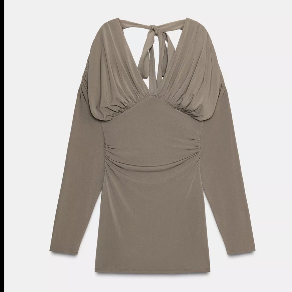 Zara limited edition voluminous Taupe Long-Sleeve Dress with back tie - Picture 8 of 14
